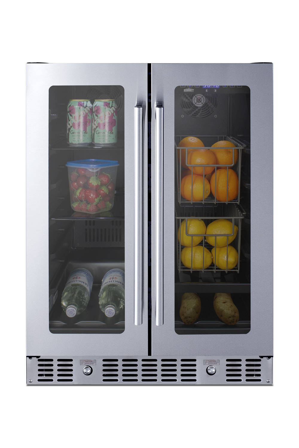 ADA compliant built-in or freestanding dual zone produce and beverage refrigerator with seamless stainless steel trimmed French doors, digital controls, and a black cabinet